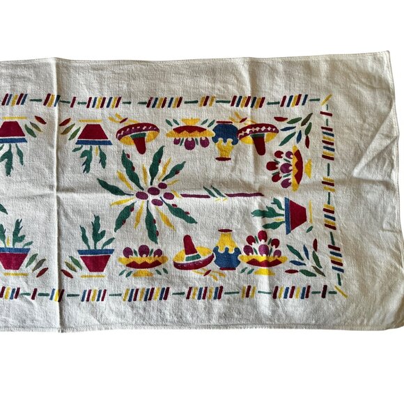 Mexican Table Runner 42X16.5 Nubby White Cotton w/ Red Green Yellow Blue VTG MCM - Picture 3 of 10